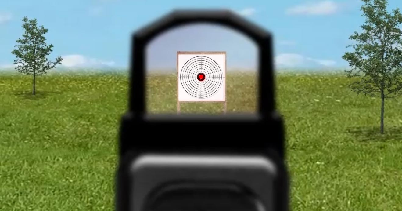 graphic from the perspective of looking through a red dot sight mounted to a pistol and aimed at a target