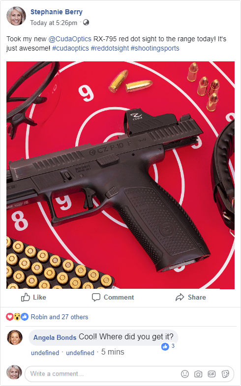 Sample Facebook post with a photo of the Cuda RX-795 reflex sight on a pistol