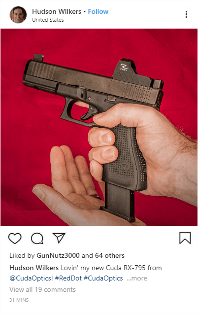 Sample Instagram post featuring a photo of the Cuda RX-795 on a Glock17